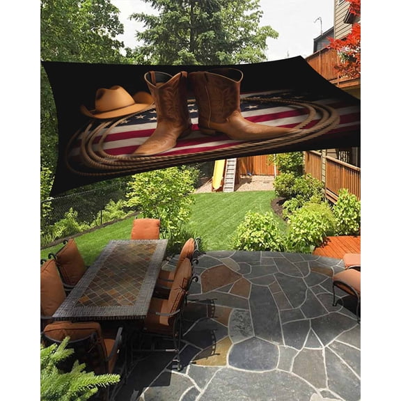 Western Cowboy Sun Shade Sail 6.5'X10' Rustic Cowboy Boots Hats USA Flag Retro Rope UV Block Outdoor Sail Shades Breathable Waterproof Rectangular Sunshade for Patio Garden Pool Pergola Porch