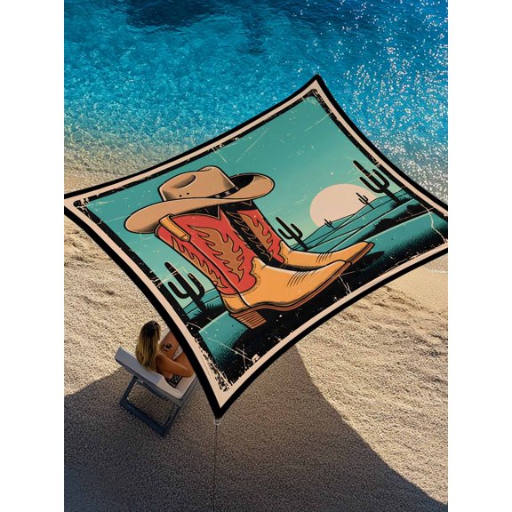Western Cowboy Sun Shade Sail 8' x 10', Cartoon Cowboy Boots Hats Tropical Cactus Sunset Teal Rectangle Outdoor Sunshade Canopy, Waterproof UV Block Patio Covers for Garden Yard Beach