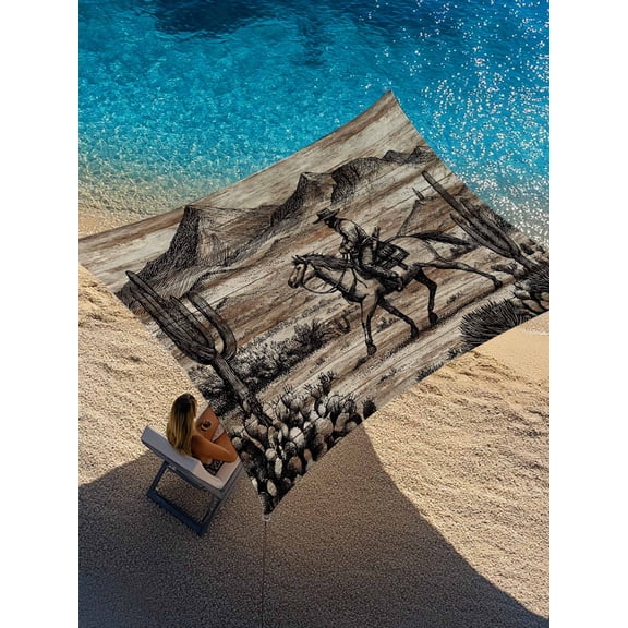 Western Cowboy Sun Shade Sail 8' x 10', Vintage Desert Cactus Horse Hills Brown Wood Grain Rectangle Outdoor Sunshade Canopy, Waterproof UV Block Patio Covers for Garden Yard Beach