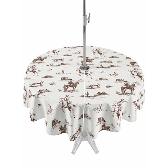 Western Cowboy Table Cloth Round Tablecloth, Retro Desert Cactus Country Cowboy Brown Waterproof Wrinkleproof Table Cover with Umbrella Hole and Zipper for Party/Dining/Patio/Wedding 60 Inch