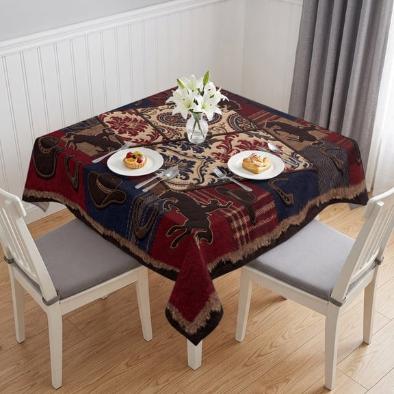 Western Cowboy Table Cloth Waterproof Tablecloths, Country Horse Hat Horseshoe Retro Red Tablecloth Dining Table Cover for Kitchen Party Tabletop Outdoor, Square Tablecloth 54x54 Inch