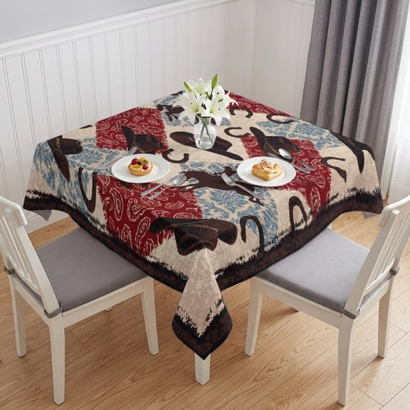 Western Cowboy Table Cloth Waterproof Tablecloths, Country Horse Hat Red Blue Paisley Flower Tablecloth Dining Table Cover for Kitchen Party Tabletop Outdoor, Square Tablecloth 54x54 Inch