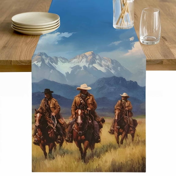 Western Cowboy Table Runner - 36 Inch Long Mountain Sky Grass Nature Scenery Cotton and Linen Blended Dress Scarves Farmhouse Table Runner for Kitchen Dining, Coffee Table, 13" x 36"
