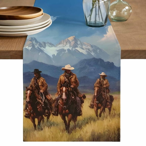 Western Cowboy Table Runner, Mountain Sky Grass Nature Scenery Washable Cotton Linen Table Runners 36 Inches Long, Dresser Scarf Runner for Nightstand/End Tables/Round Tables 13''x36''