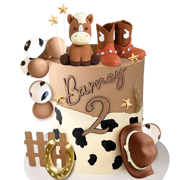 Western Cowboy Theme Cake Decorations - Ranch Horse & Cow Print Design Party Decor Set