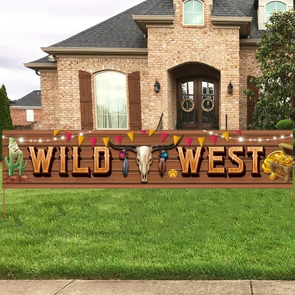 Western Cowboy Theme Garden Flag Banner - "Wild West" with Bull Skull and Cactus Design, Durable Polyester Fiber, Perfect for Outdoor Birthdays and Holiday Parties, Multifunctional Yard Decor