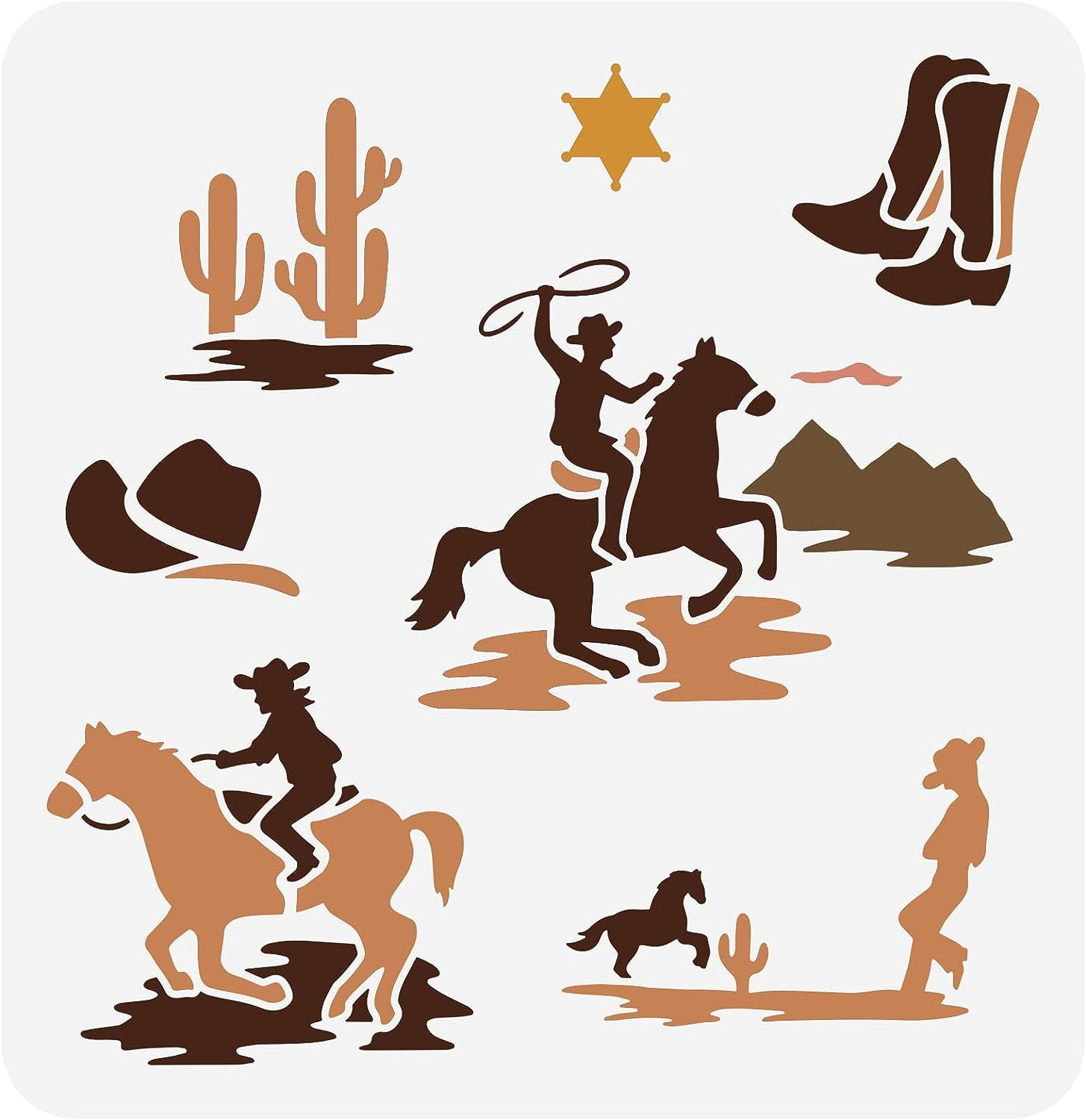 Western Cowboy Theme Stencil 11.8x11.8 inch Cowboys Riding Horse