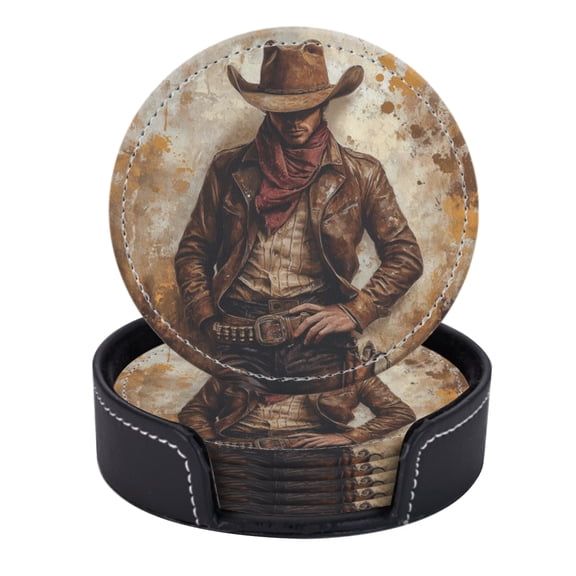 PU Leather Coasters for Drinks Bar Beer,Set of 6 with Holder,Round Housewarming Gift,Western Cowboy Theme