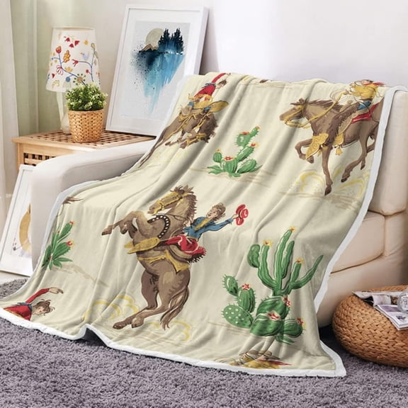Western Cowboy Throw Blankets, Western Riding Horse Wild Tropical Cactus Desert Cozy Warm Bed Couch Blanket, Farm Farmhouse White Fleece Flannel Throws to Decorate The Room and Bedroom.