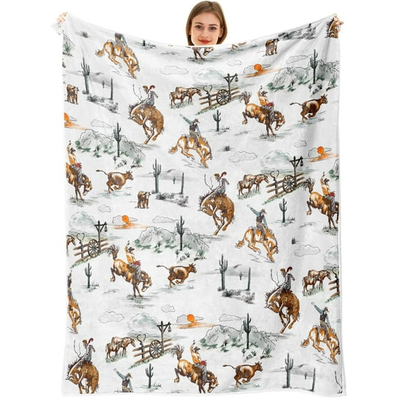 Western Cowboy Throw Blankets, Wild West Cowboy Ride Horse Cactus Flannel Bed Couch Blanket, Farmhouse Country American West Theme White Throws to Decorate The Room and Bedroom