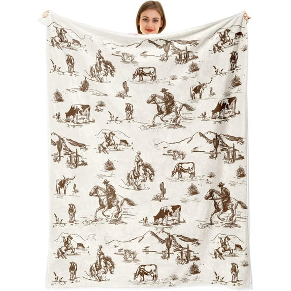 Western Cowboy Throw Blankets, Wild West Cowboy Ride Horse Cactus Flannel Bed Couch Blanket, Farmhouse Country American West White Throws Decorate The Room and Bedroom