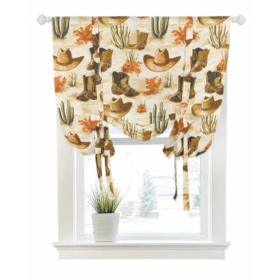Western Cowboy Tie Up Curtains for Window, Thermal Insulated Balloon Shade Adjustable Rod Pocket Curtains Valance Panels for Kitchen Bathroom Cafe 42 x 45 Vintage Brown Desert Botanical