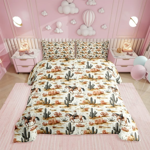 Western Cowboy Bedding Set,West Style Cowboy Horse Comforter Set Room Decor,Cactus Desert Vintage Quilt Bed Set Rustic Country Down Comforter 2Pcs