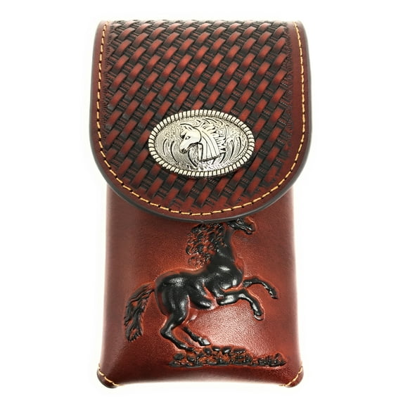 Western Cowboy Tooled Basketweave Leather Multi Emblem Concho Belt Loop Cellphone Holster Case in 2 Colors