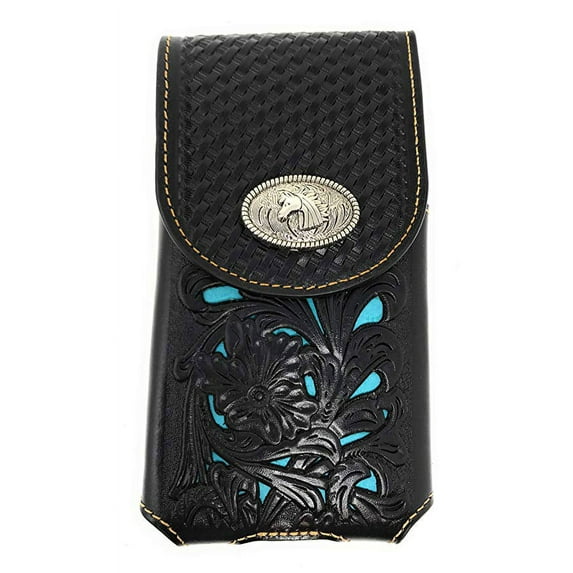 Western Cowboy Tooled Floral Leather Horse Concho Belt Loop Cell phone Holster Case