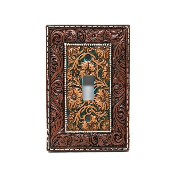 Western Cowboy Tooled Leather Design Resin Single Toggle Switch Plate - Faux Leather Look Decorative Light Switch Cover for Rustic Ranch Cowboy Home Dcor Enthusiasts