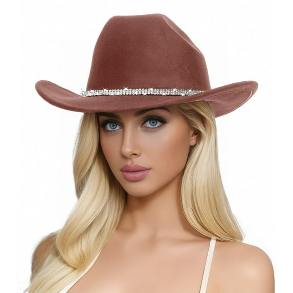 Western Cowboy Top Hat for Men and Women Stylish Woolen Sun Hat with Rhinestone Embellishments