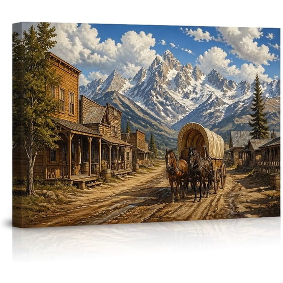 Western Cowboy Town Canvas Wall Art, Rustic Mountain Landscape Horse Wagon Pictures, Vintage Wild West Decor for Living Room Bedroom Home