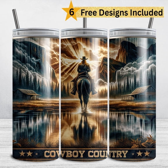 Western Cowboy Tumbler , Rodeo Cowboy Country 20 oz Skinny Tumbler Sublimation , American Cowboy , Sunset Horseback Ride Ranch