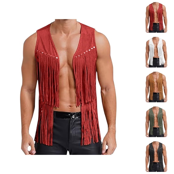 Western Cowboy Vest Men Sleeveless Suede Open Front Tassel Fringe Vest 70s Hippie Jacket Outerwear
