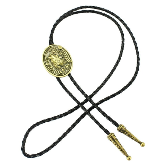 Western Cowboy Vintage Bolo Tie Handmade Braided Leather Rope Metal Wolf Head Bolo Tie Necklace with Feathered Pendant