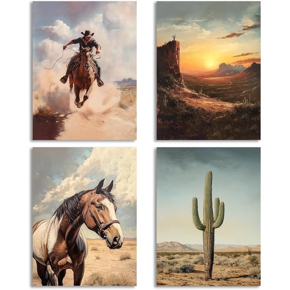 Western Cowboy Vintage Canvas Wall Art,Ranch Desert Farmhouse Art Posters,Southwestern Artwork Prints for Home Bedroom Living Room Set of 4 (8''X10''Unframed)