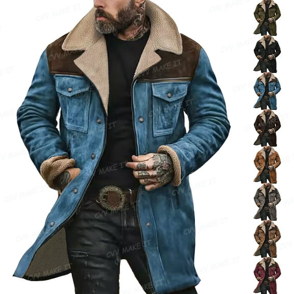 Western Cowboy Vintage Suede Jacket for Men Plush Collar Faux Leather Long Jackets Zip Up Fall Winter Western Duster Coats Casual Stylish Fashion Overcoats,Blue XL