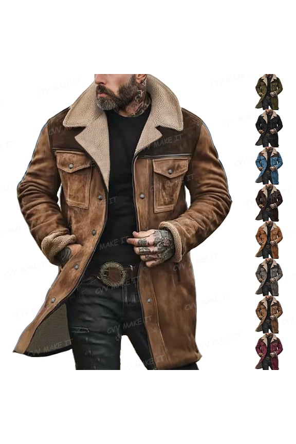 Western Cowboy Vintage Suede Jacket for Men Western Cowboy Vintage Suede Jacket Faux Leather Plush Collar Mid Length Coats Zip Up Lightweight Casual Stylish Tops,Brown S