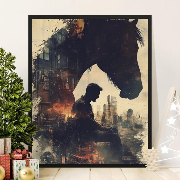 Western Cowboy Wall Art, Digital Print, Horse Silhouette Cityscape, Sunset Urban Decor, Modern Rustic Poster, Home Office Decor, 8x12