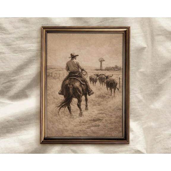 Western Cowboy Wall Art Print, Sepia Ranch Rider Windmill Decor