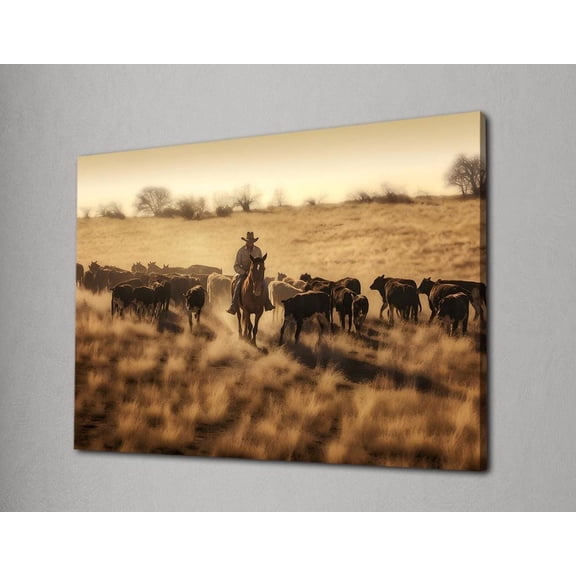Western Cowboy Wall Art, Rustic Ranch Cattle, Country Farmhouse Decor, Americana Sunset Print, Horse Rider Landscape, Dad Poster Decor, Size 16x24 UNFFRAMED F03.1.8l1516