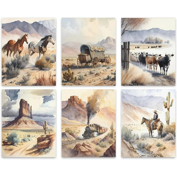 Western Cowboy Wall Art - Western Landscape Art Prints Wall Decoration Farmhouse Decor - Set of 6 (8x10 inch Unframed)