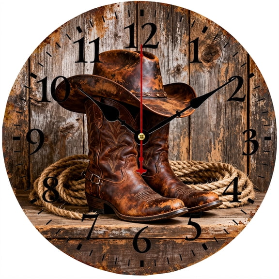 Western Cowboy Wall Clock 9.84 Inch, Rustic Cowboy Boots and Hat Round Analog Clock, Country Farmhouse Wall Decor for Living Room Bedroom Kitchen Office