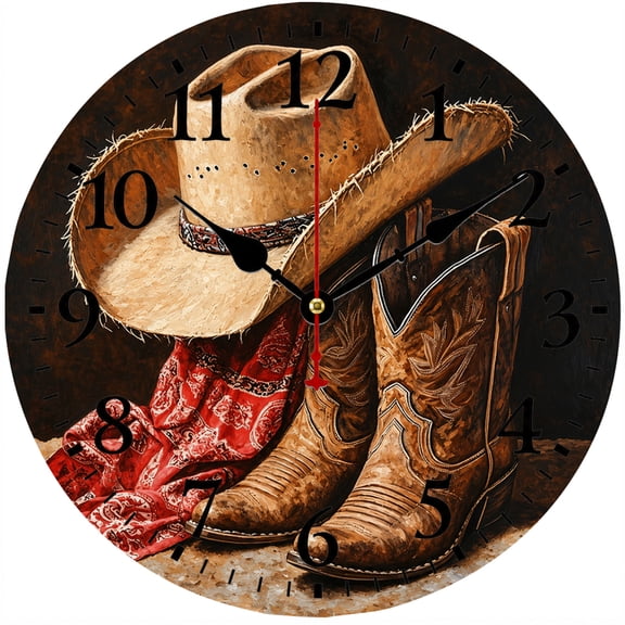 Western Cowboy Wall Clock, 9.84 Inch Rustic Cowboy Hat and Boots Analog Clock, Round Ranch Wall Decor for Living Room Bedroom Kitchen Office