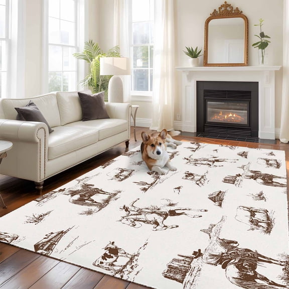 Western Cowboy Washable Area Rug 5x7 Retro Brown Desert Ethnic Horse Low-Profile Large Area Rugs with Non Slip Backing Indoor Floor Carpet for Entrance Living Room Bedroom Home Office