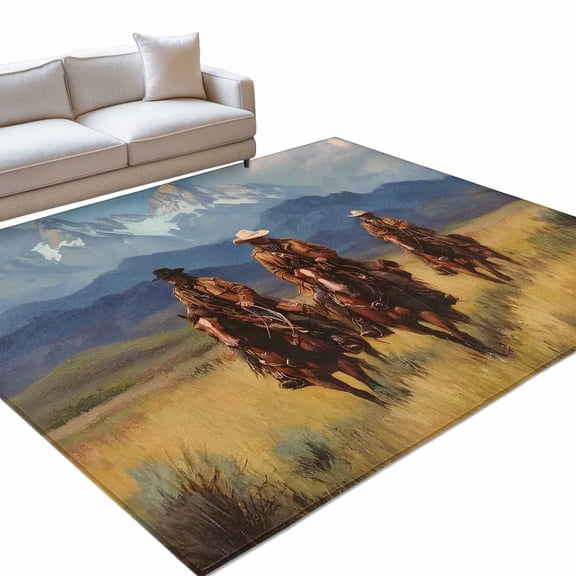 Western Cowboy Washable Rug 9x12 Area Rug for Living Room Bedroom Non Slip Indoor Floor Rectangle Carpet Low Pile Large Mountain Sky Grass Nature Scenery Entryway Rugs for Dining Room Office Home