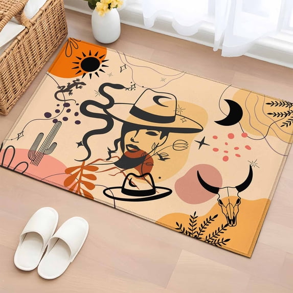 Western Cowboy Washable Small Entryway Area Rugs 2'x3', Cowgirl Cactus Sun Leaf Boho Vintage Low Pile Throw Rug Non-Slip Sturdy Edge Binding Carpet for Front Door Floor Room Entry