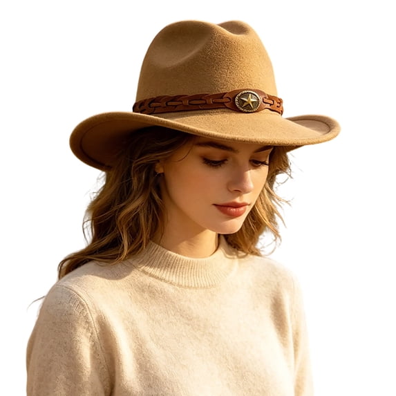 Western Cowboy Wide Brim Felt Hat, Unisex Vintage Star Band Fedora Hat Four Season Fashion Party Daily Outdoor Cowgirl Cowboy Hat(Brown)
