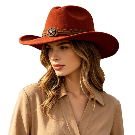 Western Cowboy Wide Brim Felt Hat, Unisex Vintage Star Band Fedora Hat Four Season Fashion Party Daily Outdoor Cowgirl Cowboy Hat(Orange)