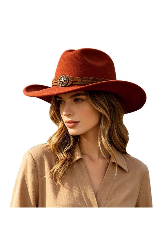 Western Cowboy Wide Brim Felt Hat, Unisex Vintage Star Band Fedora Hat Four Season Fashion Party Daily Outdoor Cowgirl Cowboy Hat(Orange)