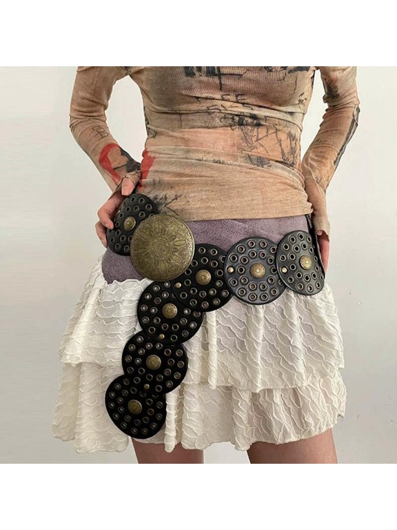 Western Cowboy Wide Golden Rivet Steampunk Circles PU Leather Waistband Vintage Large Round Buckle Waist Belt Girdle For Women