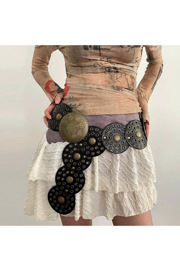 Western Cowboy Wide Golden Rivet Steampunk Circles PU Leather Waistband Vintage Large Round Buckle Waist Belt Girdle For Women