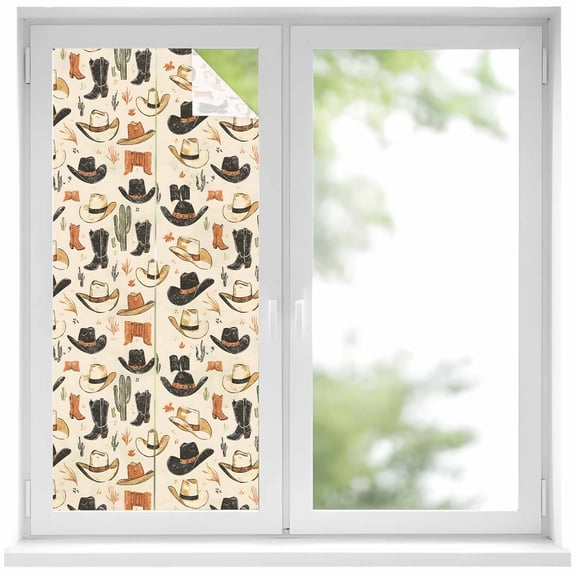 Western Cowboy Window Privacy Film, Country Vintage Art Boots Desert Static Cling UV Sun Blocking Heat Control Window Tint Day and Night, Non-Adhesive One Way Windows Privacy Cover 17.7''x39.3''