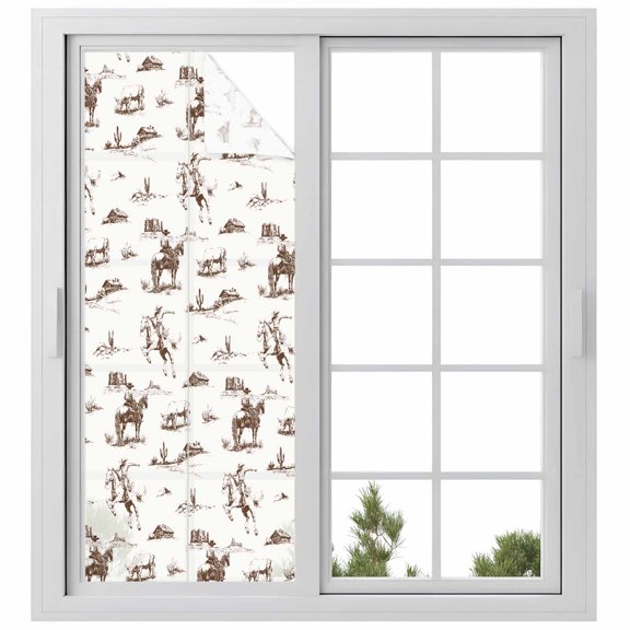 Western Cowboy Window Privacy Film, Retro Desert Cactus Country Cowboy Brown Static Cling UV Sun Blocking Heat Control Window Tint, Non-Adhesive One Way Windows Privacy Cover 23.6''x59''