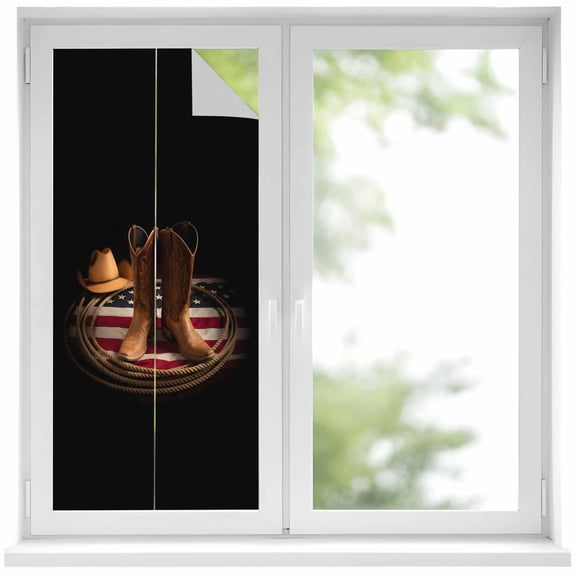 Western Cowboy Window Privacy Film, Rustic Cowboy Boots Hats USA Flag Retro Rope Frosted Glass Window Clings Static Cling UV Heat Blocking Reusable Door Sticker for Bathroom 17.7 x 39.3 Inch