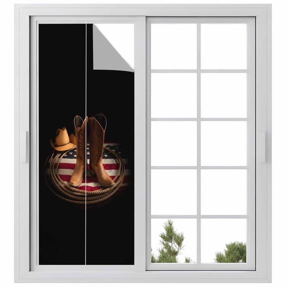 Western Cowboy Window Privacy Film, Rustic Cowboy Boots Hats USA Flag Retro Rope Frosted Glass Window Clings Static Cling UV Heat Blocking Reusable Door Sticker for Bathroom 29.5 x 78.7 Inch
