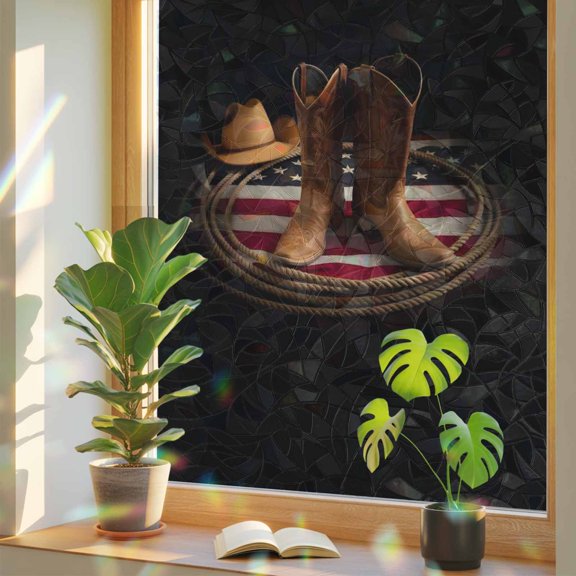 Western Cowboy Window Privacy Film, Rustic Cowboy Boots Hats USA Flag Retro Rope Stained Glass Rainbow Film Decorative Window Clings, Static Cling Sun Blocking Stickers 17.7" x 39.3"
