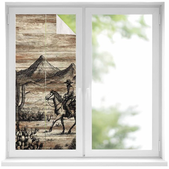 Western Cowboy Window Privacy Film, Vintage Desert Cactus Horse Hills Brown Wood Grain Frosted Glass Window Clings Static Cling UV Heat Blocking Reusable Door Sticker for Bathroom 17.7 x 39.3 Inch