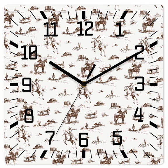Western Cowboy Wooden Wall Clock Silent Non Ticking, Retro Desert Cactus Country Cowboy Brown Square Wall Clocks Battery Operated, Decor Clock for Home Office, Living Room, Kitchen, 12 Inch