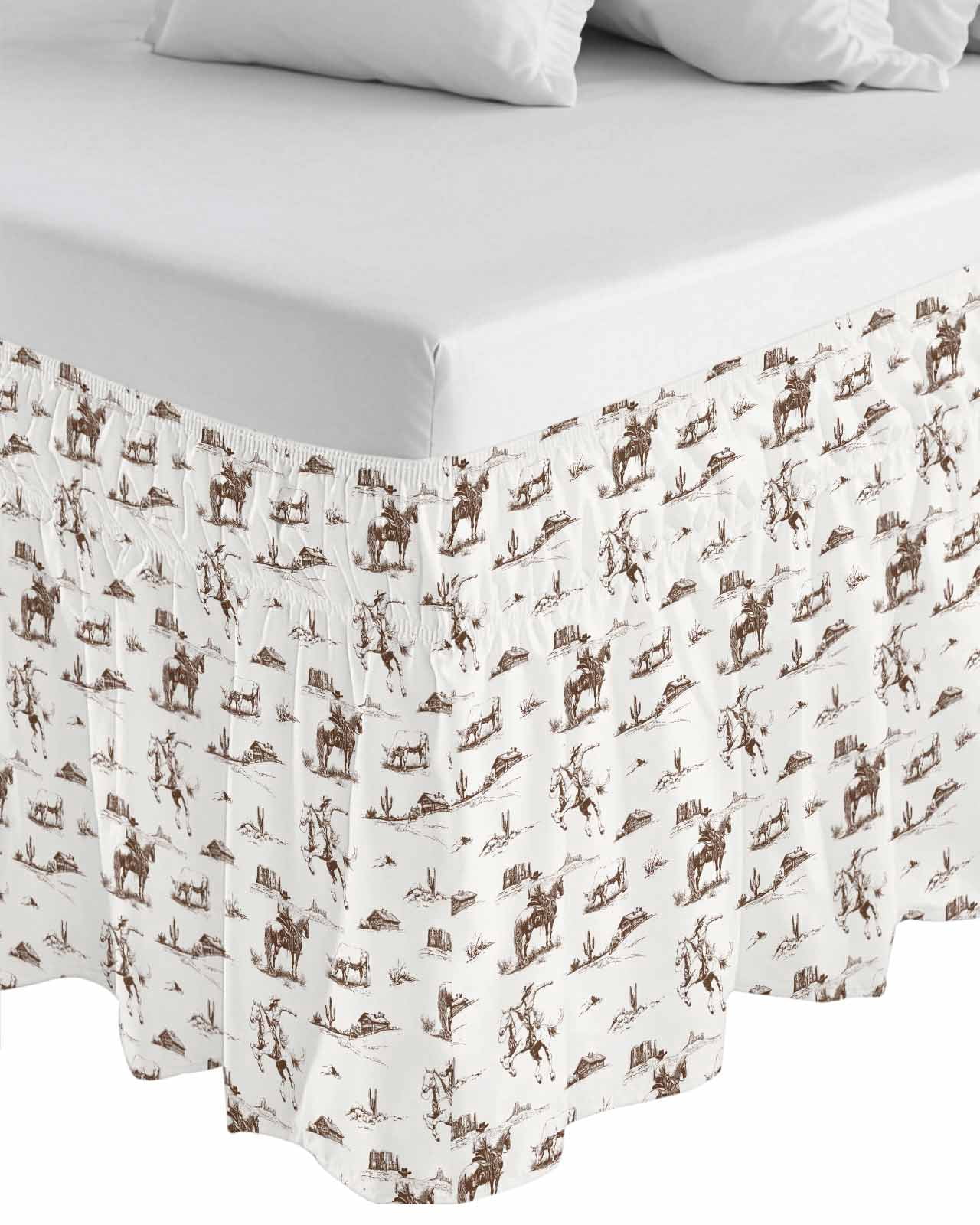 Western Cowboy Wrap Around Bed Skirts for Queen Bed 16" Drop,Bed Skirt with Adjustable Elastic Belt Dust Ruffle Bed Valance for Bedroom Hotel Retro Desert Cactus Country Cowboy Brown Bed Frame Cover